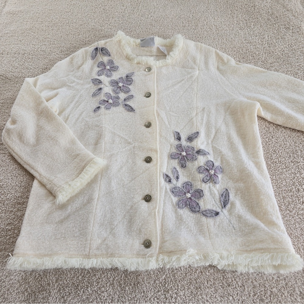 Alfred Dunner Women's Cardigan Cream Floral Pearls Fringe 100% Wool Boho-chic L - Picture 1 of 13